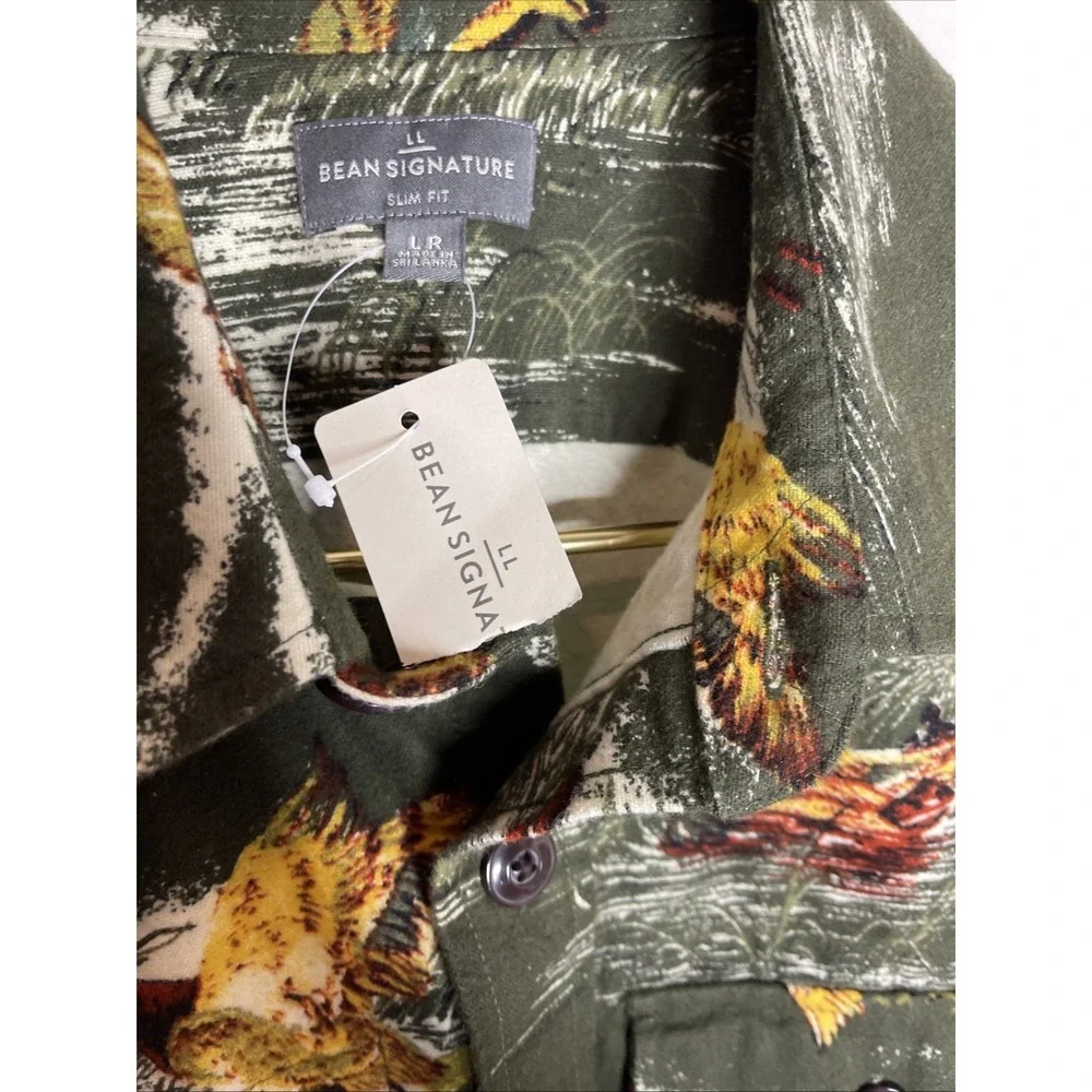 New LL Bean Slim Fit Green Duck Print Flannel Button Down Shirt Large L
